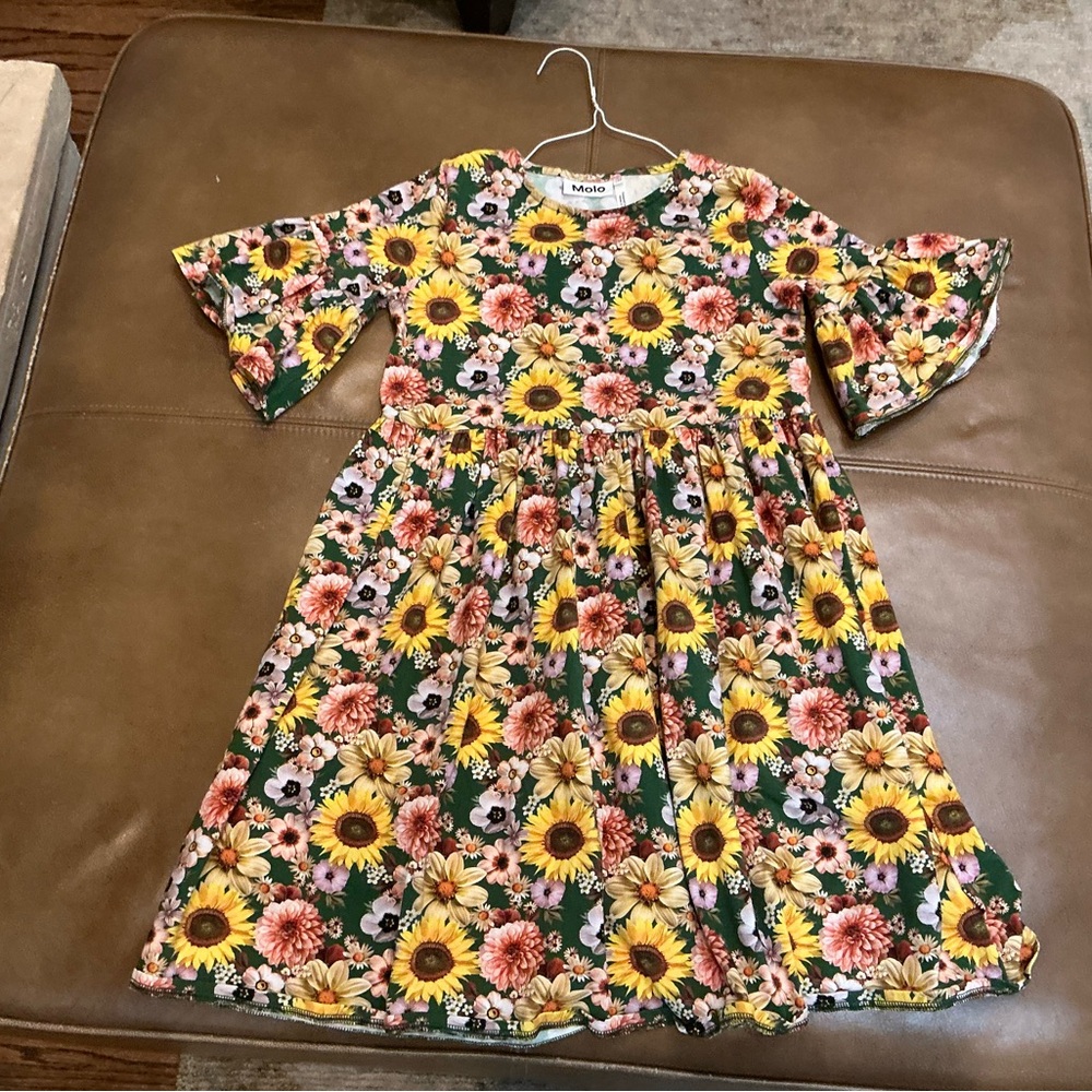 Molo Floral Kids Dress with Bell Sleeves - Yellow and Pink on Green